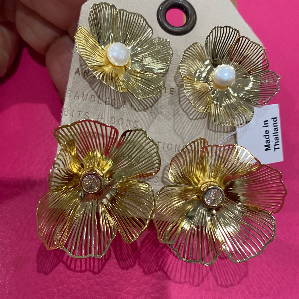 Gold Floral Earrings with Pearl and Crystal Accents